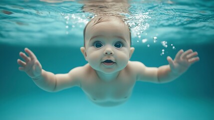 Canvas Print - Cute little baby swimming under water. Baby swimming classes 