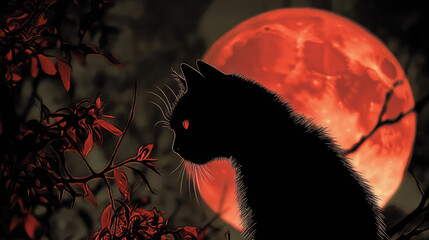 A black cat is sitting on a tree branch in front of a red moon