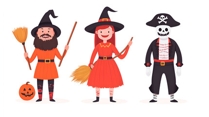 Cartoon girl witch holding broom and pumpkin, man zombie, pirate and captain isolated on white. Characters in costumes for Halloween fun party carnival, adult people smile set vector illustration