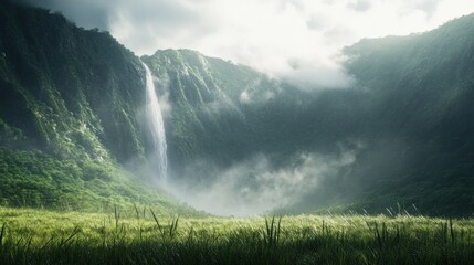 Wall Mural - Misty Mountain Waterfall in Lush Valley