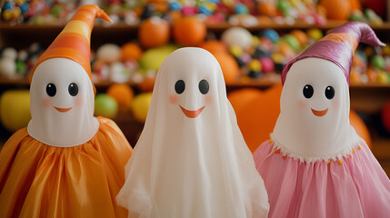 Playful ghost costumes and tempting Halloween candy with whimsical witch outfits, designed to evoke a lively and engaging Halloween celebration