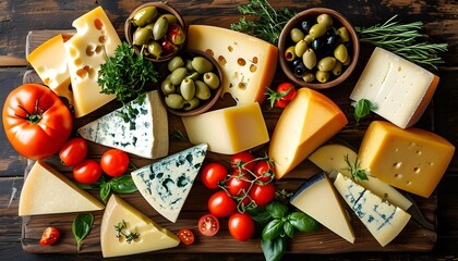 Sticker - Charming rustic table adorned with an array of cheeses, olives, ripe tomatoes, and fresh herbs