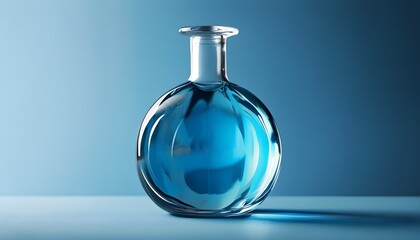 Elegant round glass bottle featuring vibrant blue liquid against a serene blue backdrop