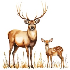 Sticker - Watercolor Illustration of a Deer and Fawn in Grass.