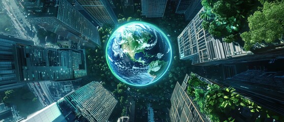 A stunning aerial view of Earth surrounded by futuristic skyscrapers and lush greenery, illustrating the harmony between nature and urban life.