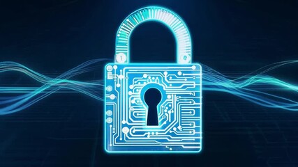 Poster - A digital padlock with a circuit board pattern symbolizes cybersecurity efforts and data protection in a high-tech setting, showcasing secure information sharing.