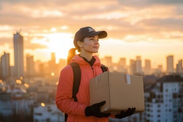 A woman stands with a cardboard box at sunset, symbolizing delivery and logistics in a modern urban environment.