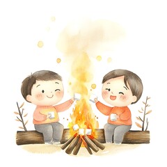 Canvas Print - Watercolor Illustration of Two Children Roasting Marshmallows by a Campfire.