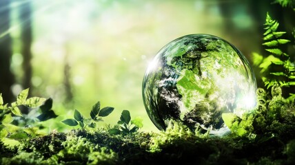 Canvas Print - A crystal-clear globe rests on lush greenery, symbolizing nature and the planet's beauty amidst a vibrant forest backdrop.