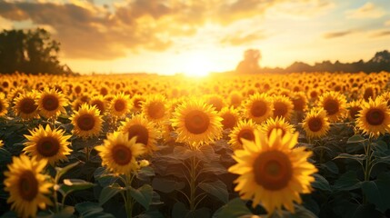 Sunflowers in a Field at Sunset