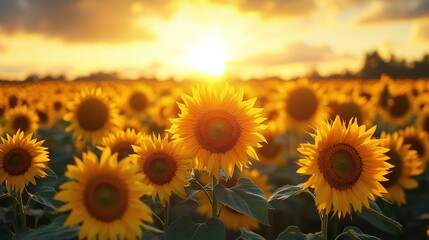 Poster - Sunset Over a Sunflower Field