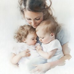 Canvas Print - Watercolor Painting of a Mother Holding Her Two Young Children.