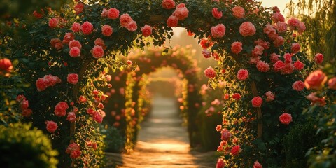 Wall Mural - garden trellis covered in roses 