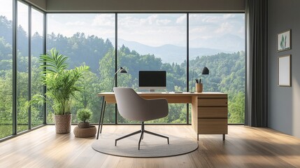 Modern Home Office Desk with Mountain View and Wooden Floor