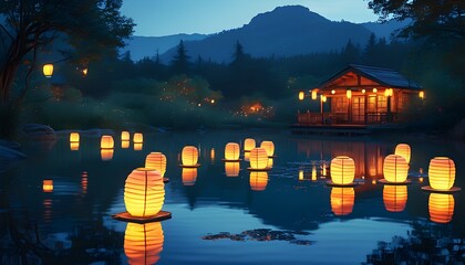 Wall Mural - tranquil evening with glowing lanterns illuminating a peaceful pond and reflecting off a cozy wooden cabin