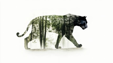 Wall Mural - double exposure effect of a walking black panther with a bamboo forest isolated on a white backgroun