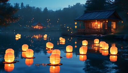 tranquil evening with glowing lanterns illuminating a peaceful pond and reflecting off a cozy wooden cabin