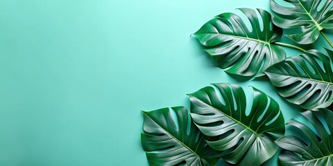 Vibrant Monstera leaves spill out of the top corners of a minty green background, surrounding a pristine white space that pops with clarity and contrast, creating a sense of calm focus