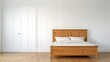 © lnwAI - Solid wood bed with matching wardrobe, classic bedroom set, white walls, soft morning light, wooden floors, neutral tones, balanced and peaceful environment, cozy and inviting