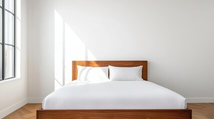 Solid wood bed in a minimalist bedroom, luxurious comfort, crisp white linens, soft natural light from a large window, warm wood floors, clean lines, balanced and serene atmosphere