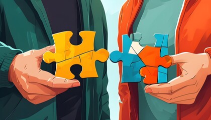 Illustration of diverse individuals holding puzzle pieces, representing collaboration, teamwork, and unity in problem-solving, emphasizing diversity and inclusion.