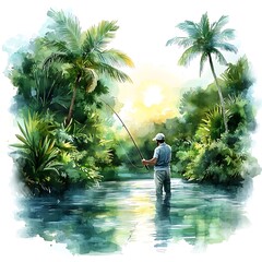 Canvas Print - Watercolor Illustration of a Man Fishing in a Tropical River.