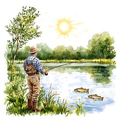 Canvas Print - A Fisherman Casts His Line into a Sun-Kissed Lake, Hoping for a Catch.