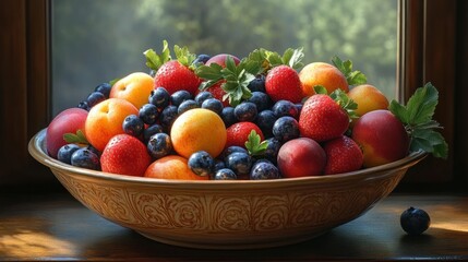 Sticker - Fresh Fruit Bowl with Blueberries, Peaches and Strawberries