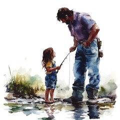 Poster - Watercolor Illustration of a Father and Daughter Fishing Together.