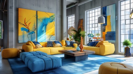 Wall Mural - Modern loft living room with blue and yellow furniture arranged elegantly, featuring vibrant art on the walls and an open, airy feel