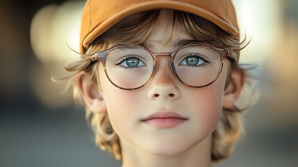 Wall Mural - A young boy with blonde hair and blue eyes looks directly at the camera, wearing a brown baseball cap and round glasses.