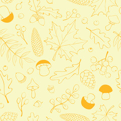 Wall Mural - Seamless pattern falling leaves, acorns, berries, cones. Vector light autumn texture isolated on yellow, brown outline. Concept of forest, leaf fall, nature, thanksgiving