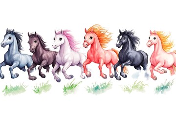 Canvas Print - Watercolor Illustration of Six Colorful Horses Running Through Grass.