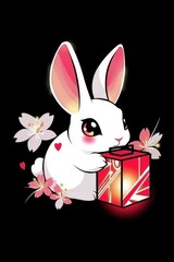 Wall Mural - Cute White Rabbit Holding a Red Lantern with Cherry Blossoms