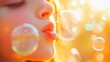 © Oulailux - Close-up of a happy kid blowing bubbles, sunlight catching the bubbles, colorful and playful,