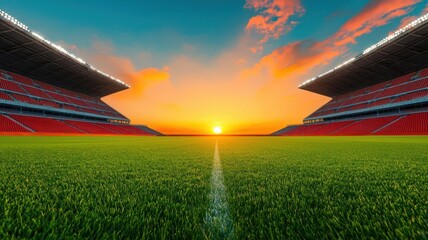 Empty stadium at sunset, with neatly lined seats and a pristine field, highlighting the calm before the intensity of a big game