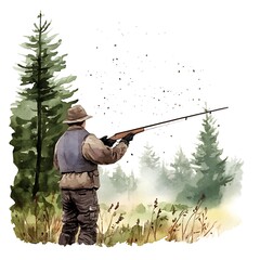 Sticker - Hunter with a Shotgun in the Forest Watercolor Illustration.