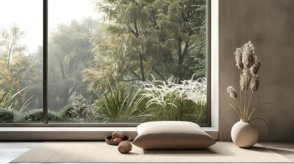 Wall Mural - Modern minimalist interior featuring a cozy floor cushion in earthy tones positioned by a large window, overlooking a peaceful garden outside