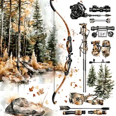 Canvas Print - Watercolor Illustration of Archery Equipment with Forest Background.