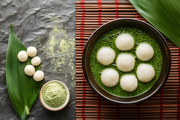 Wall Mural - Red bean Daifukumochi daifuku mochi rice flour Japanese dessert with matcha powder on tatami wooden food mat with leaves leaf