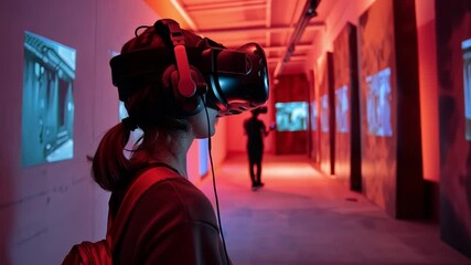 Fototapete - A person wearing a virtual reality headset explores an art gallery illuminated with vibrant colors while another individual engages with multimedia installations nearby.