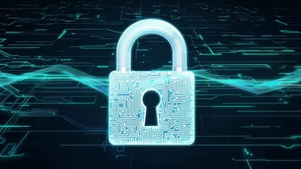 Poster - A digital padlock with circuit patterns represents security in a high-tech setting. This visual conveys the importance of protecting information in today's digital landscape.