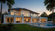 © Jasper - A luxury house backyard with pool.Contemporary luxury home at dusk with pool.A contemporary two-story luxury home featuring large windows, modern architecture