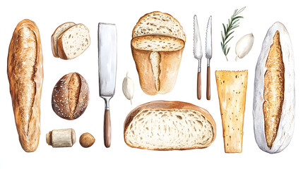 An image featuring various types of bread alongside golden wheat stalks and grains, arranged with cereals, showcasing a wholesome and natural theme This image can be titled Bread and Grains Variety