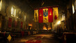 © HQAsset - A Medieval Hall Decorated with Banners and a Fireplace with Flames Burning in the Background