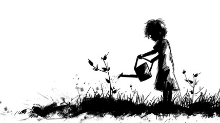 Wall Mural - black and white drawing of kid watering green colored grass. Image with funny twist