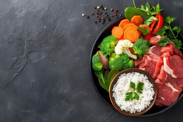 Intermittent fasting dinner with a lean protein source, steamed veggies, and a small portion of rice, photo realistic, copy space for text, Intermittent Fasting, evening meal