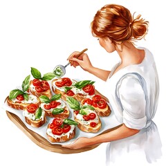 Wall Mural - Watercolor Illustration of a Woman Serving Delicious Tomato Bruschetta.