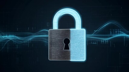 Poster - A metallic padlock prominently displayed, representing security and protection. The background features abstract blue waves, conveying a sense of data safety in a digital world.
