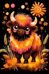 Poster - Cute Fluffy Yak Illustration with Sun and Flowers